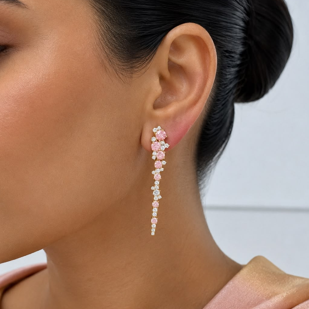 Pink and White Eco Diamonds Drop Earrings