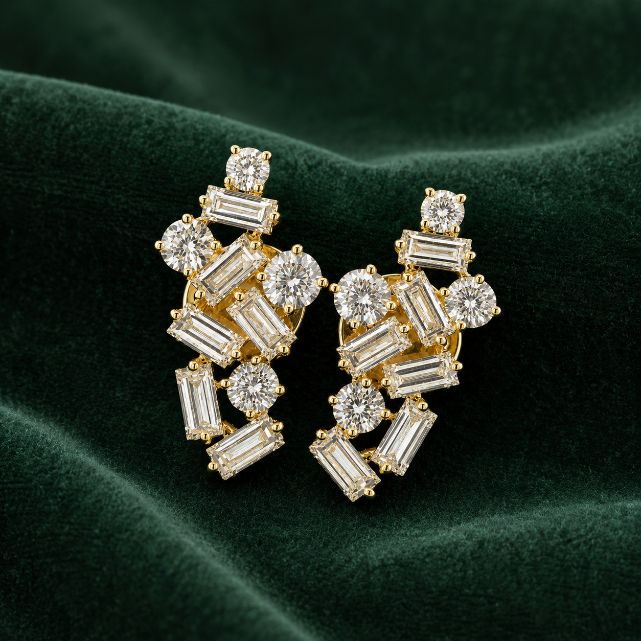 Fancy Baguette Yellow White Round Cluster Eco Diamonds Earrings
