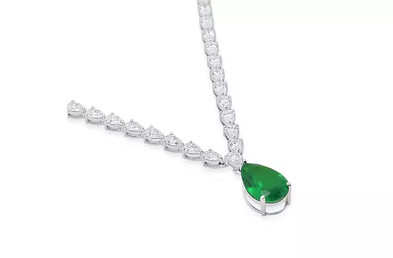 Pear shaped Eco Diamond Tennis Necklace with Emerald Drop