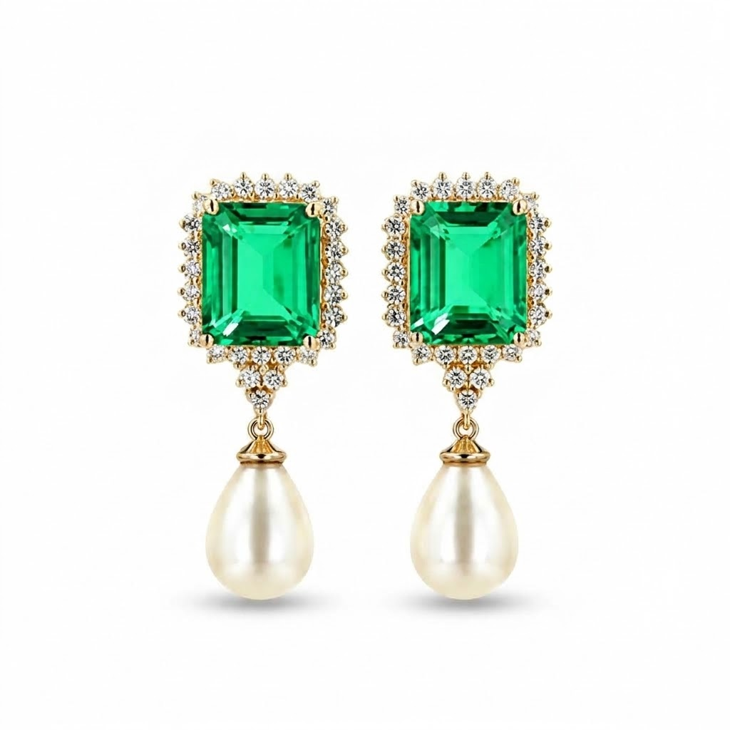 Empress Emerald Cut Green Gemstone and Pearl Diamond Drop Earrings