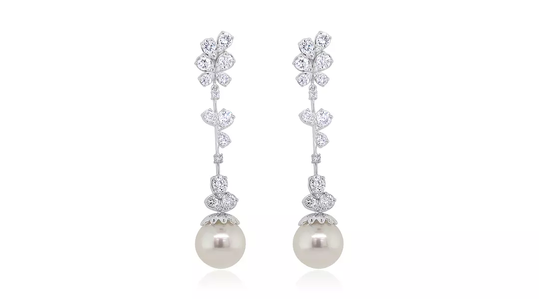 Diamond and Pearls Cascading Flowers Drop Earrings