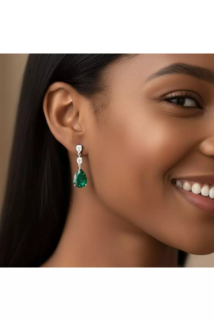 Pear Eco Emerald and Diamonds Drop Earrings