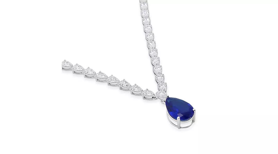 Eco Diamonds Tennis Necklace with an Eco Sapphire Drop Pendant 