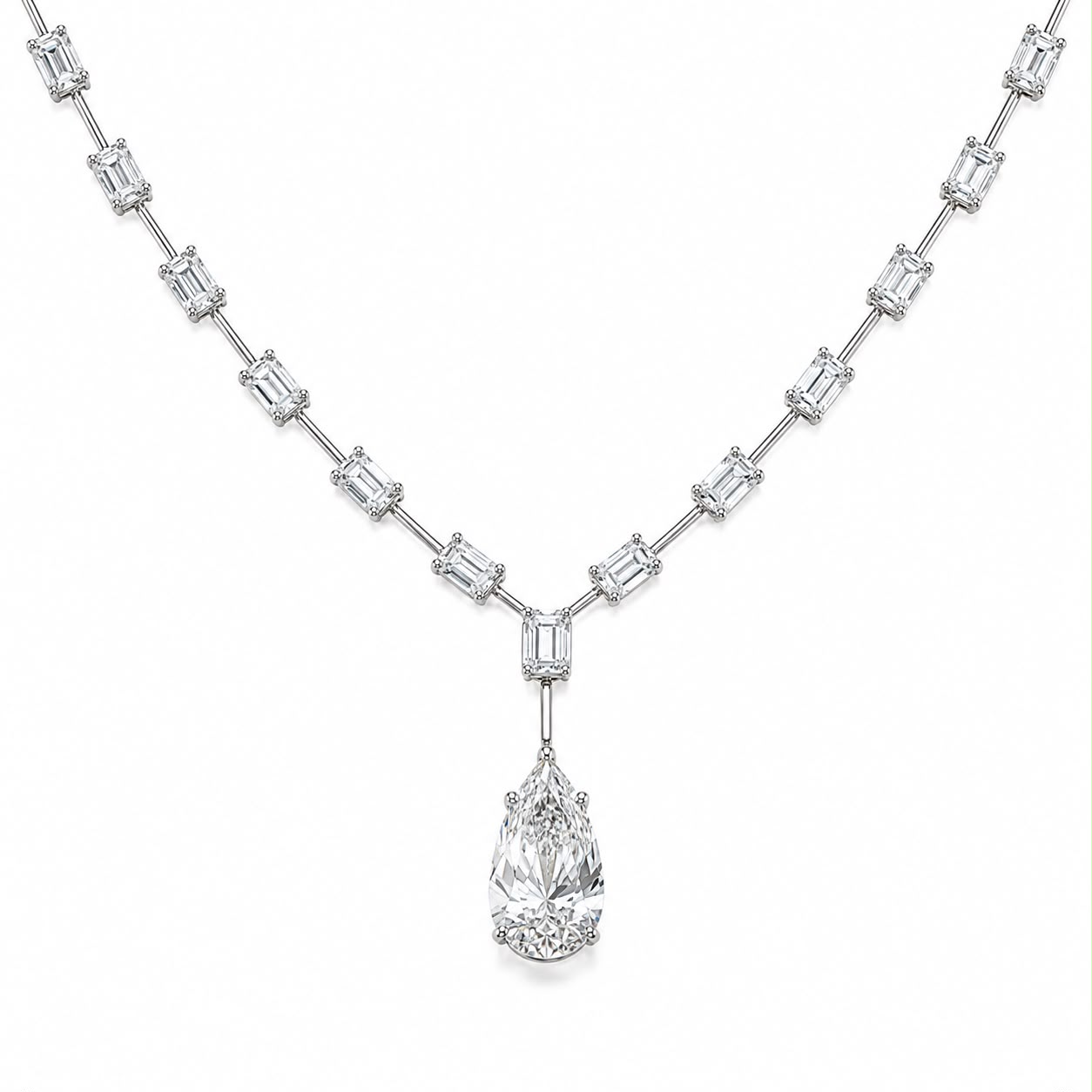 La Donna Emerald Cut Diamond Station Necklace with Pear Shape Drop