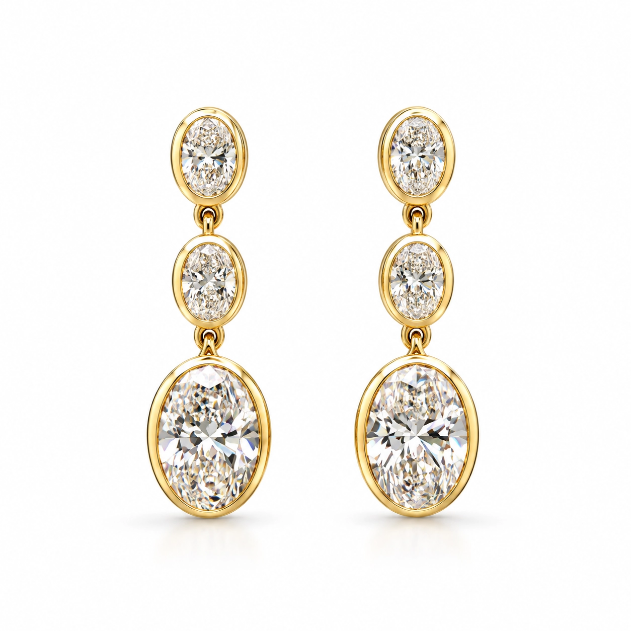 Trinity Three Stone Oval Diamonds Bezel Drop Earrings