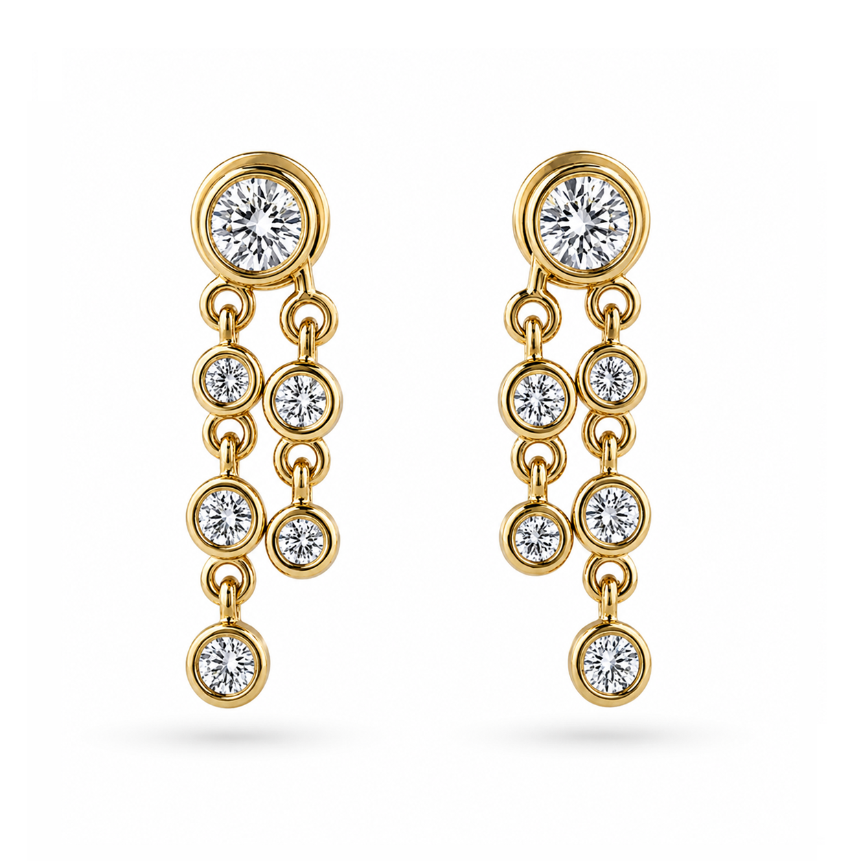 Round Double Row Yellow Gold Bezel Drop Earrings