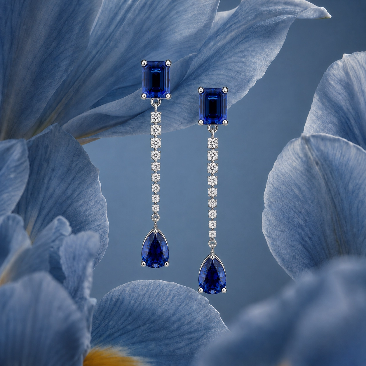 The Vanderbilt Blue Eco Sapphire and Eco Diamonds Drop Earrings