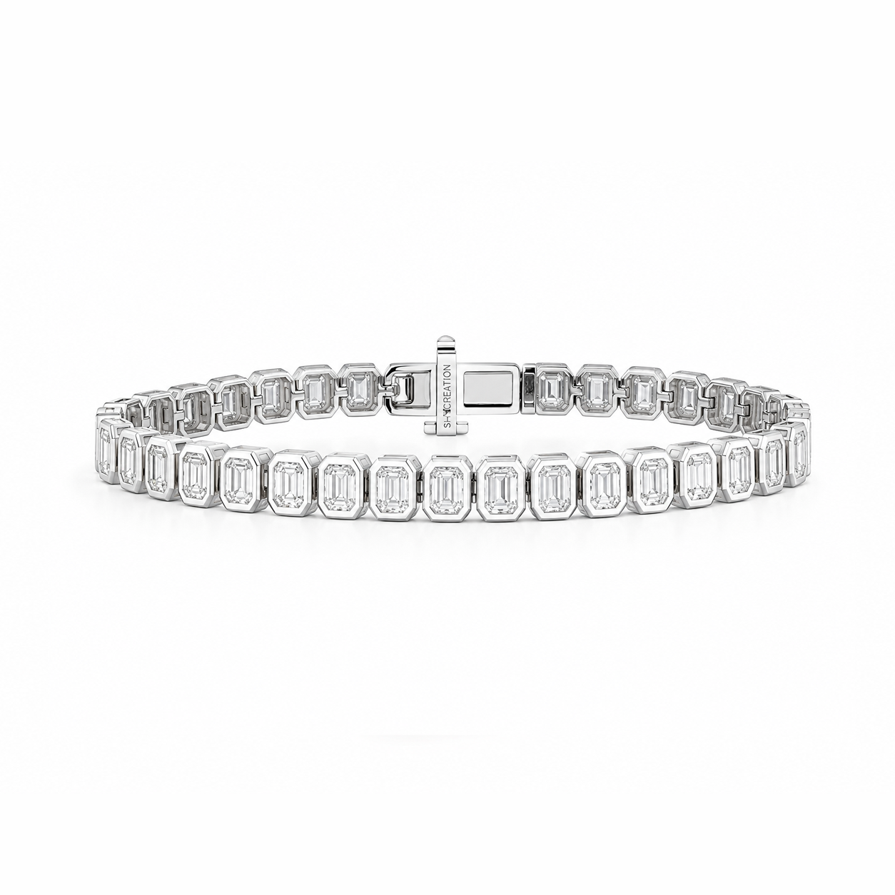 Bezel Set Emerald Shaped Eco Diamonds Tennis Bracelet