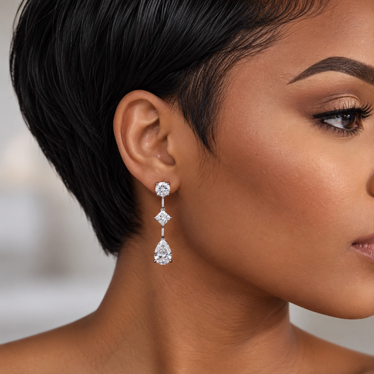 Trio Round, Princess and Pear Shaped Diamond Drop Earrings