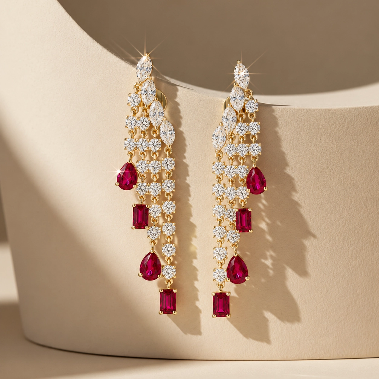 Regalia Cascading Eco Ruby and Eco Diamonds Drop Earrings
