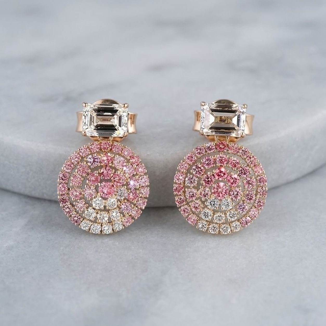 Emerald and Pink Round Circular Drop Earrings