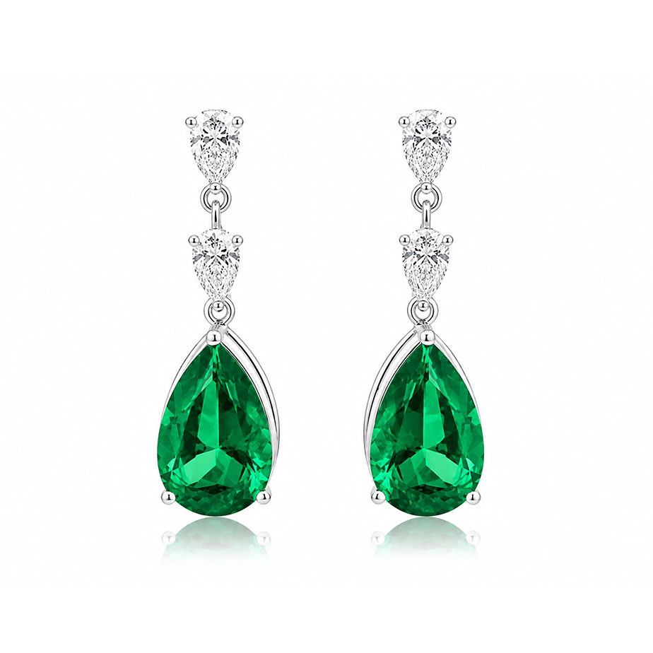 Pear Eco Emerald and Diamonds Drop Earrings