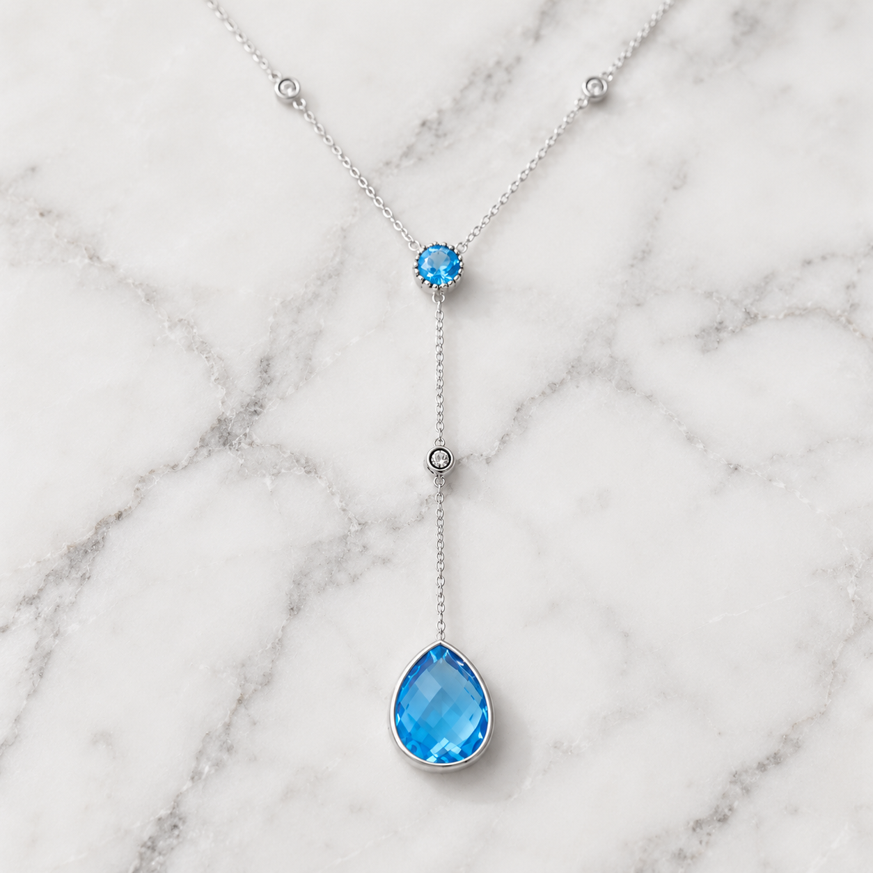 Sky Blue Topaz and Diamonds Y Shaped Lariat Necklace