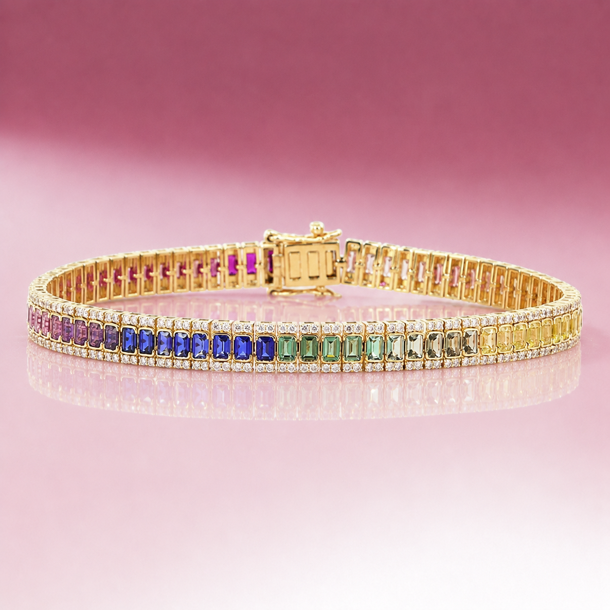 Rainbow Sapphire Emerald Cut Tennis Bracelet in Yellow Gold