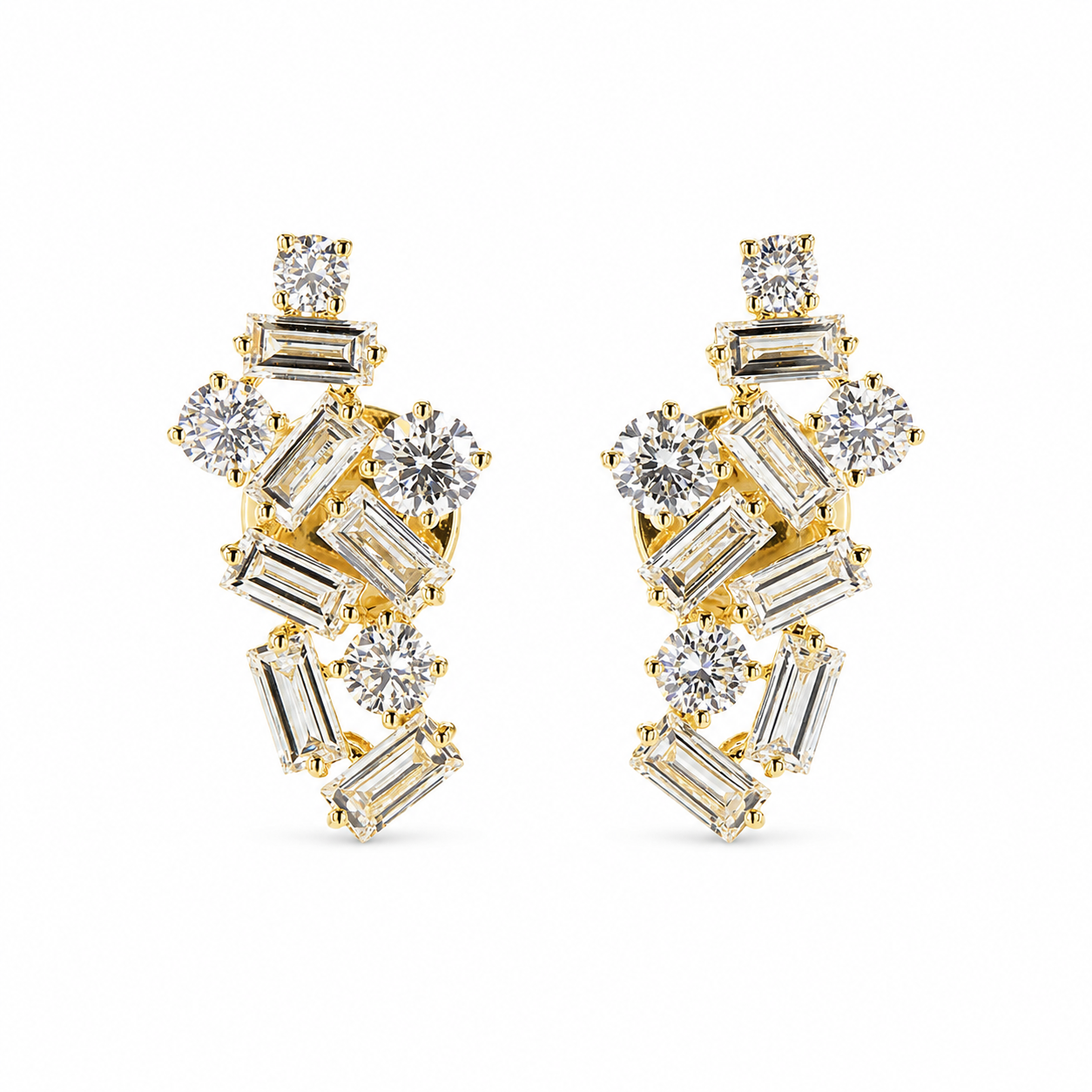 Fancy Baguette Yellow White Round Cluster Eco Diamonds Earrings