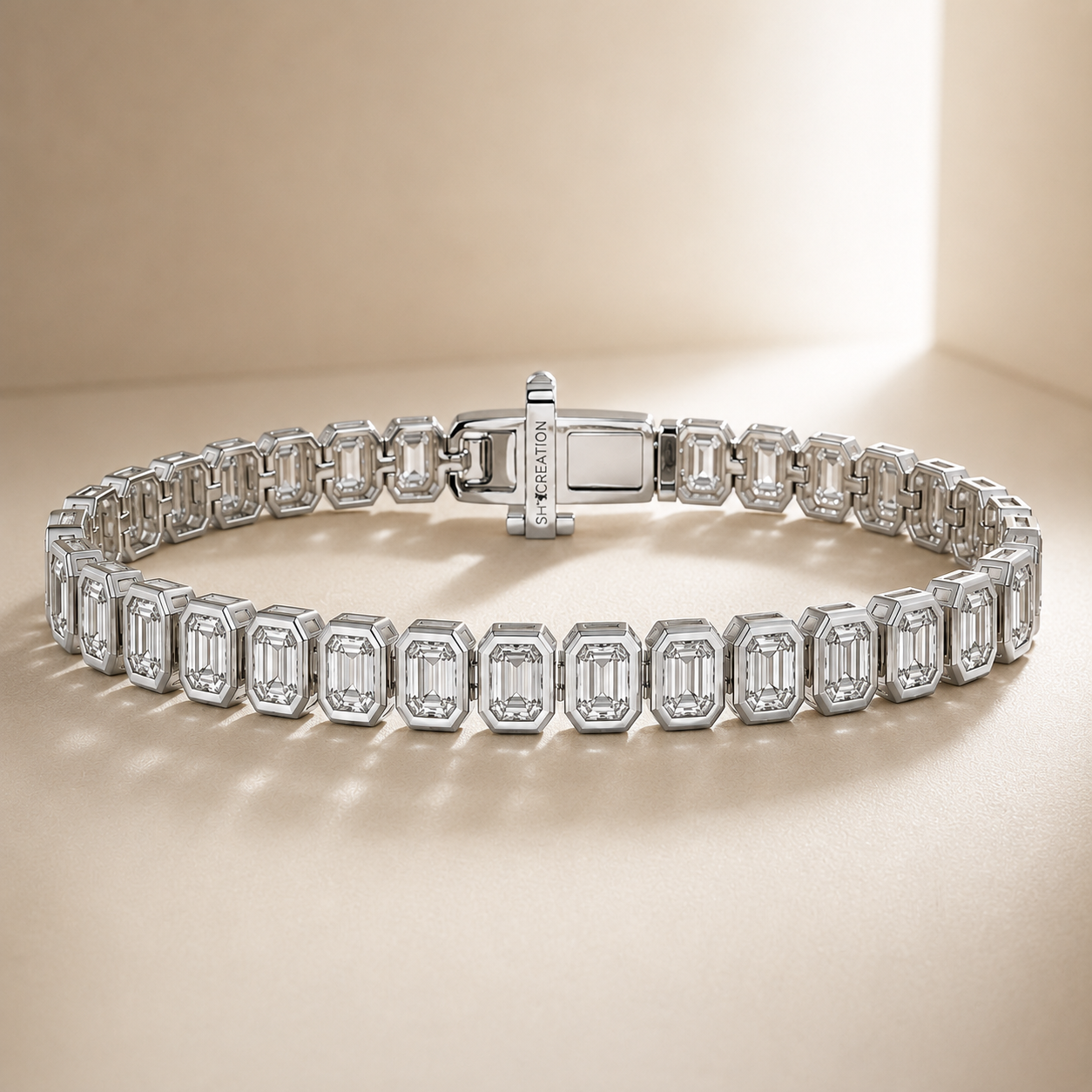 Bezel Set Emerald Shaped Eco Diamonds Tennis Bracelet