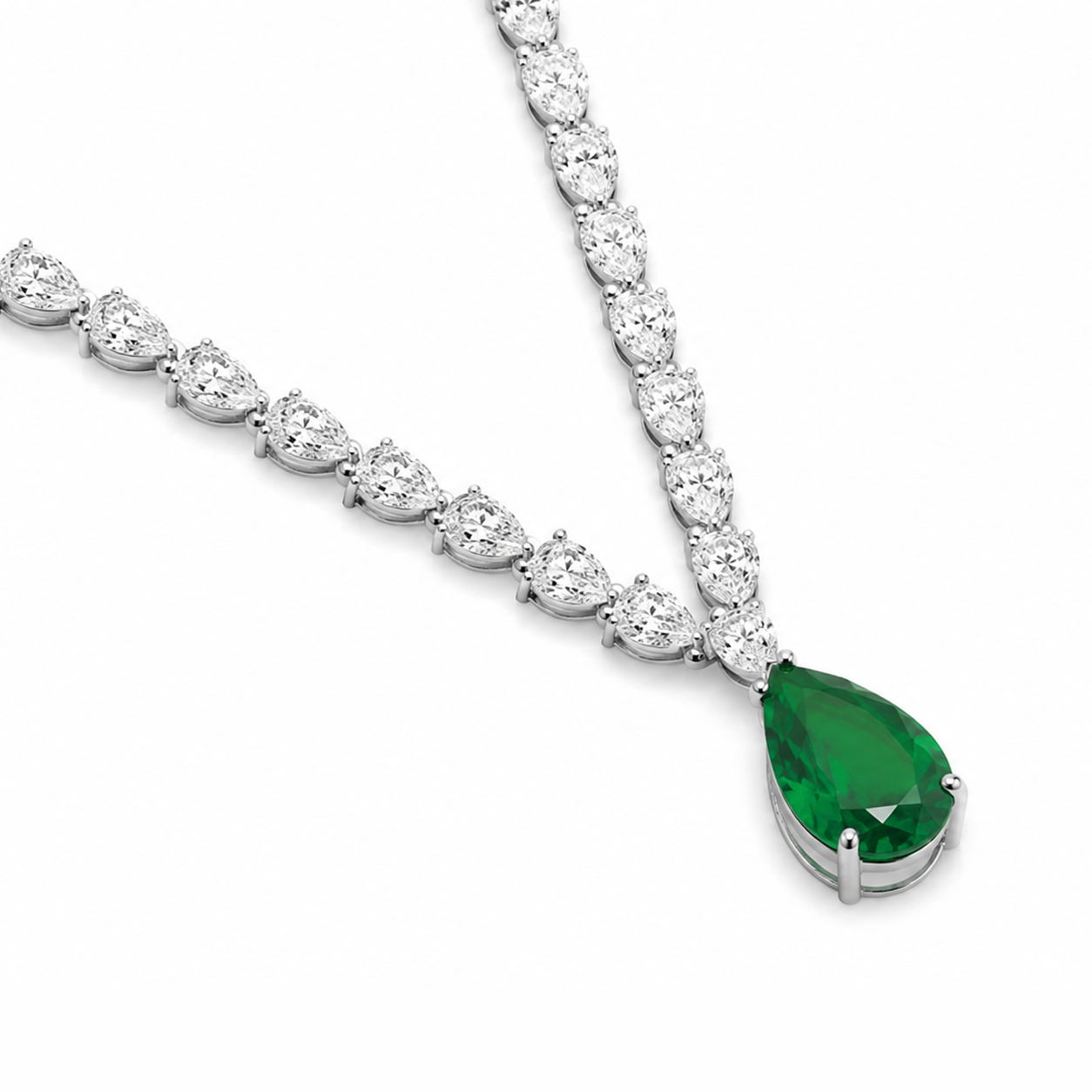 Pear shaped Eco Diamond Tennis Necklace with Emerald Drop