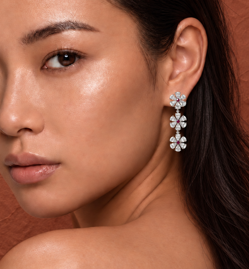Kalea Diamond and Ruby Floral Drop Earrings