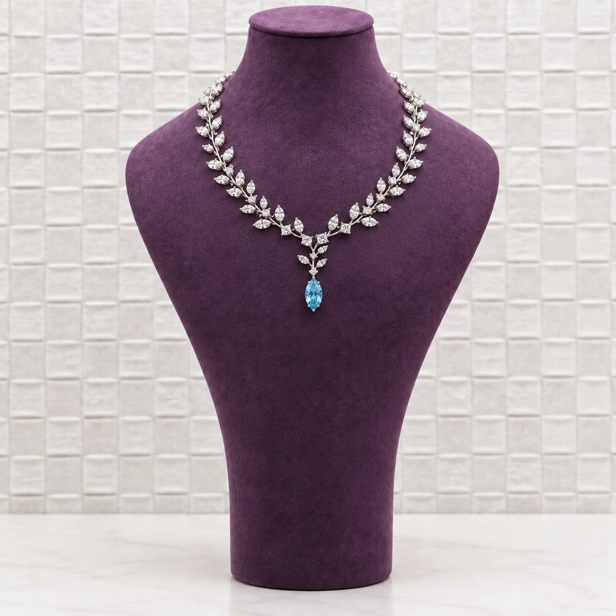 Grand Affair Marquise Diamond Leaf Necklace with Blue Diamond Drop
