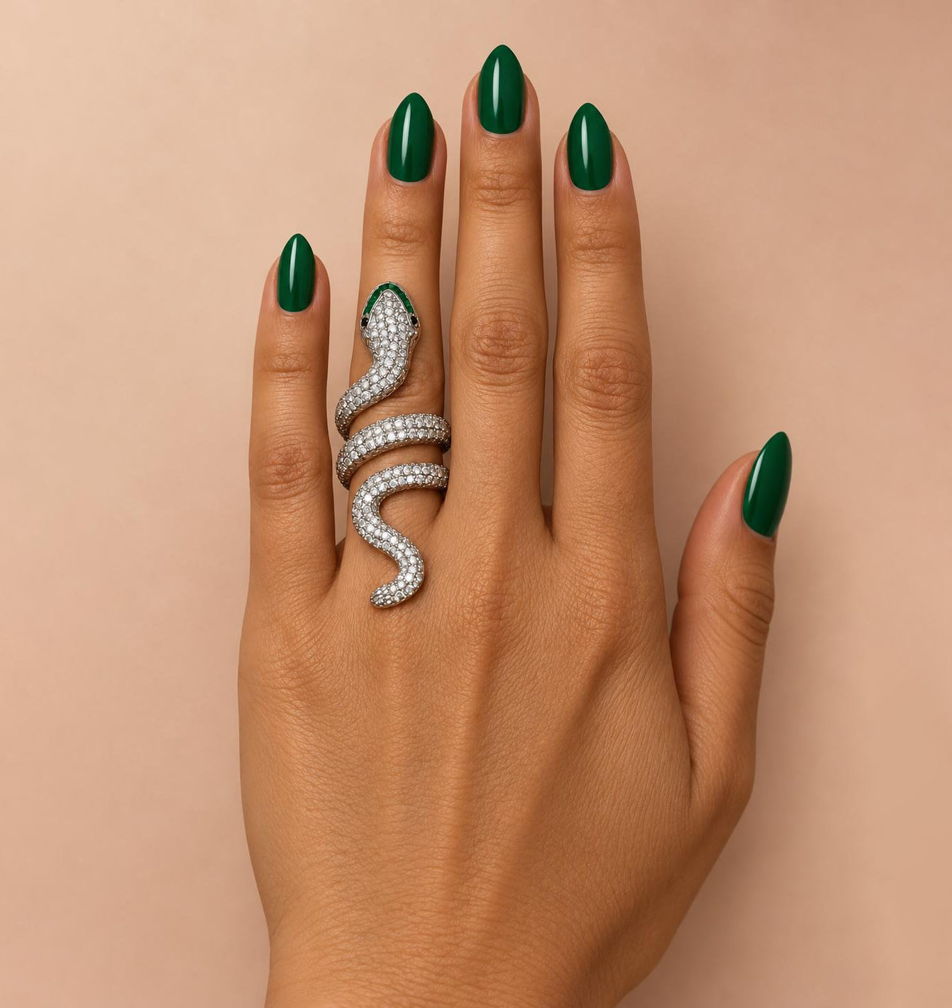 Snake Green and White Pave Diamonds Cocktail Ring