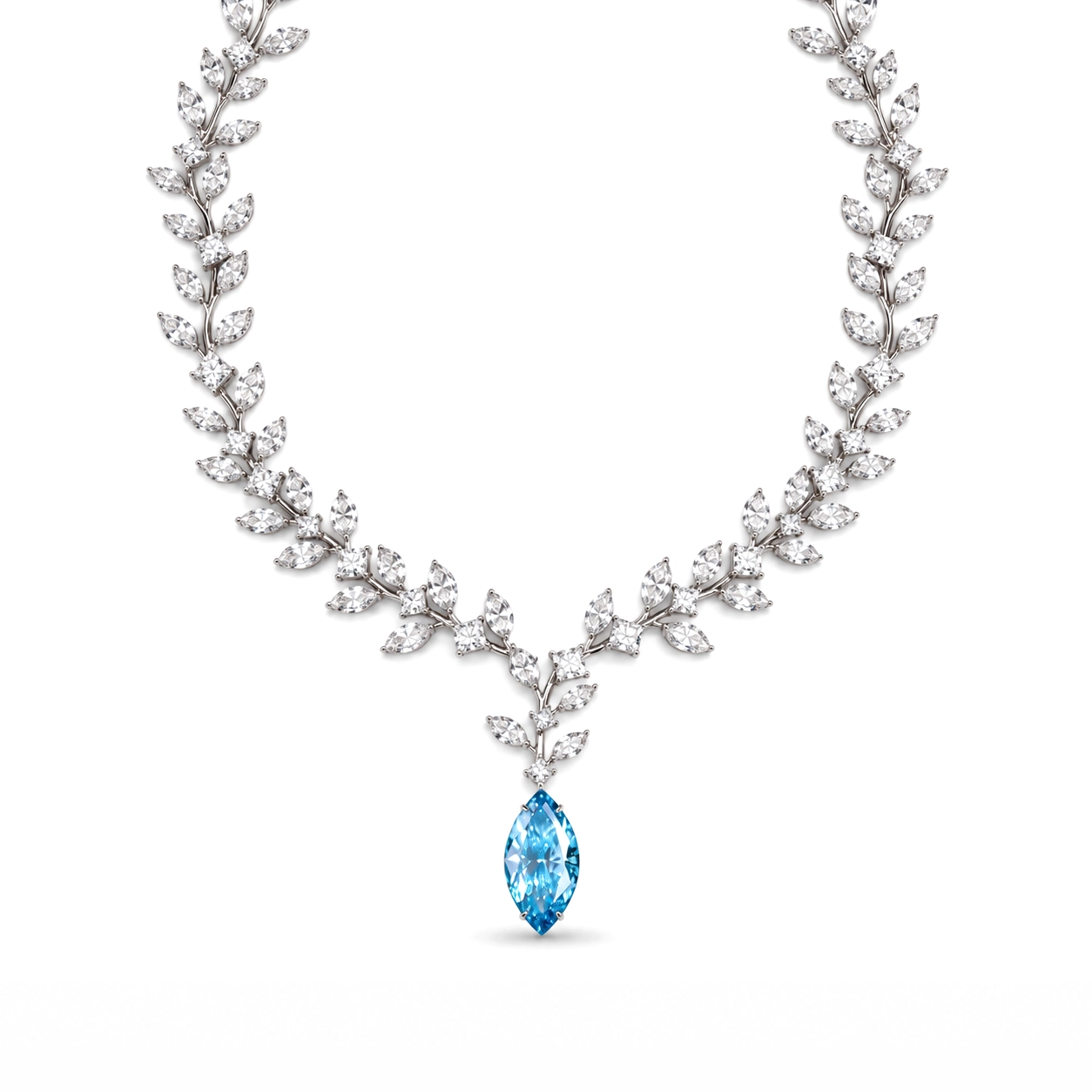 Grand Affair Marquise Diamond Leaf Necklace with Blue Diamond Drop