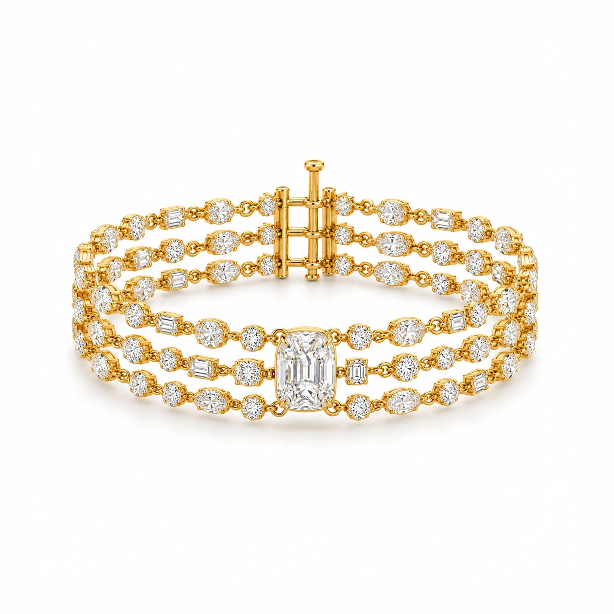 Zahara Triple Row Mixed Cut Diamonds Statement Bracelet