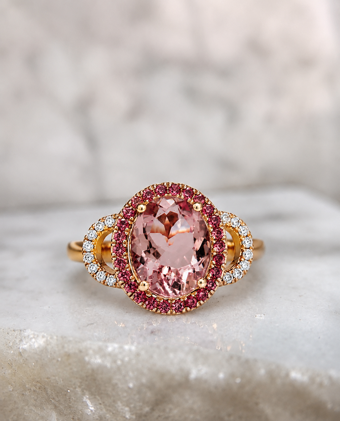 Pink Morganite, Diamonds and Sunstone Cocktail Ring