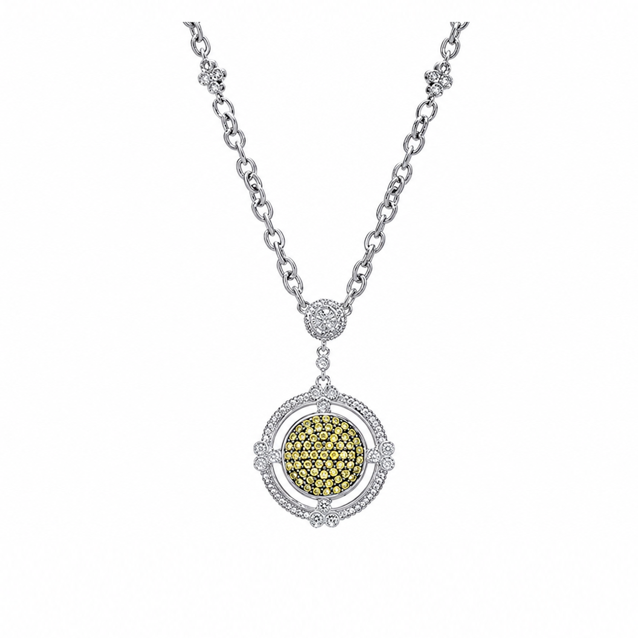 Yellow Sapphires Pave Circle Necklace with Pave Diamonds